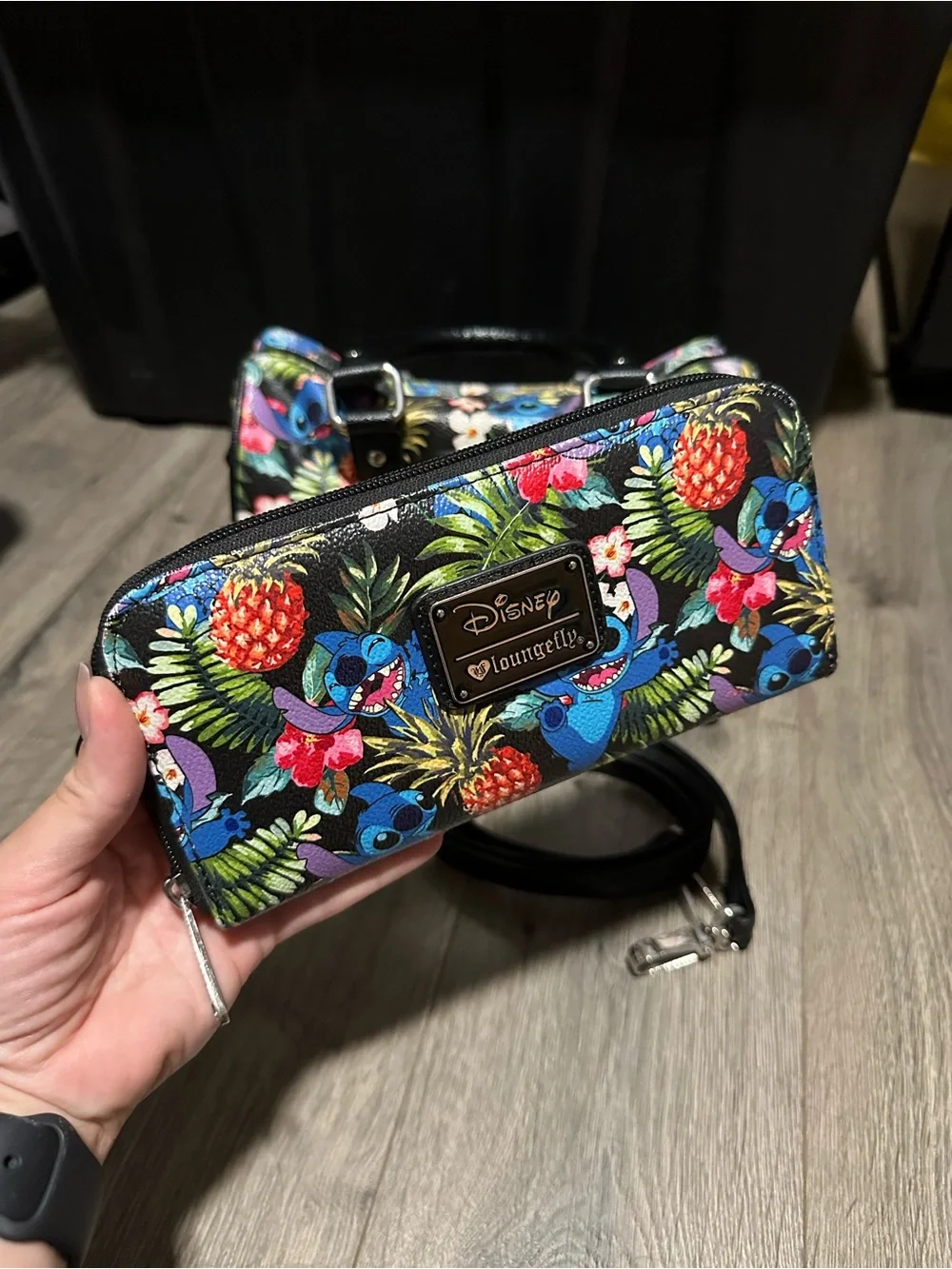 Loungefly Black Tropical Stitch Satchel & Wallet Set with Blue Accents